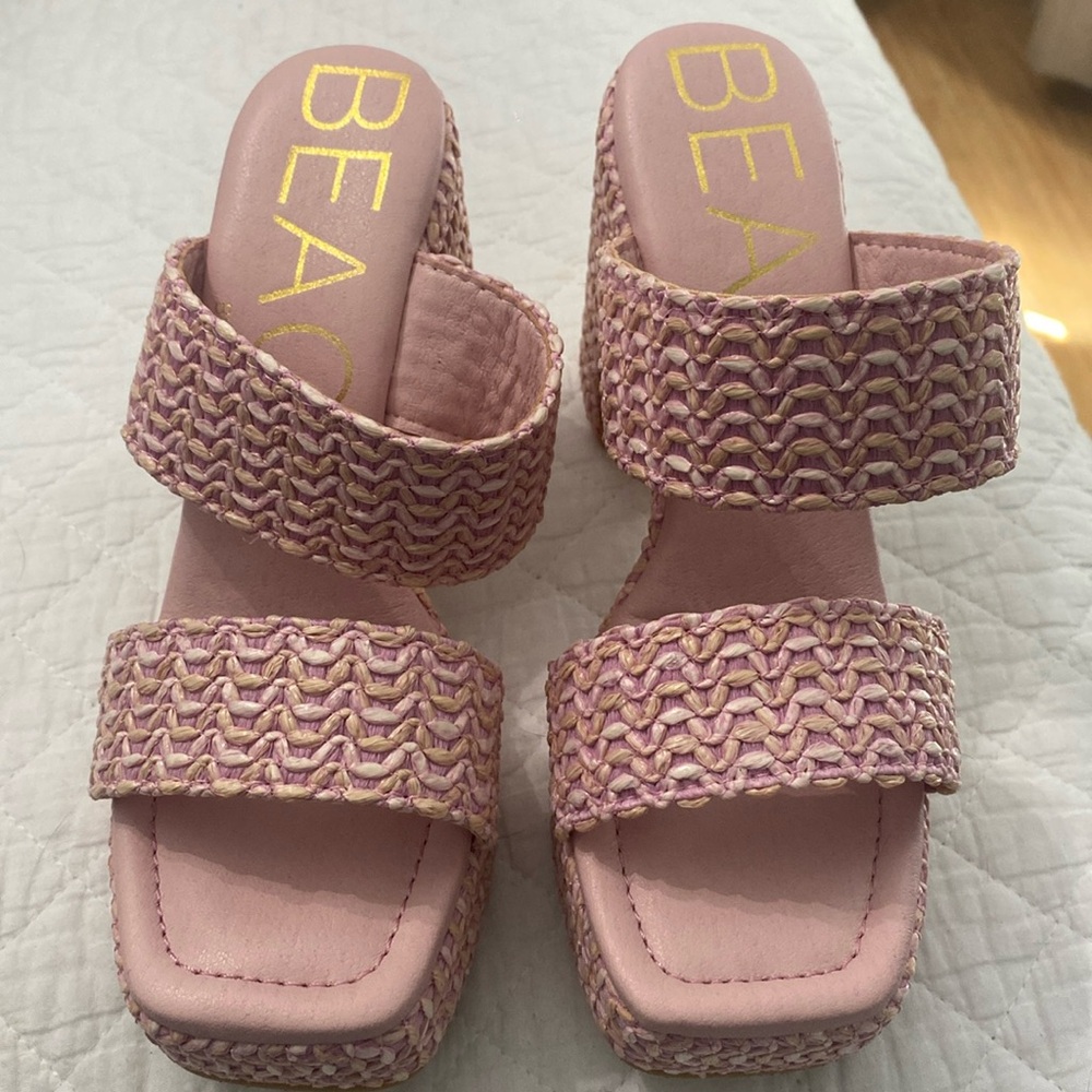 Pink Heels-Double Strap Wooven Sandal. Brand New